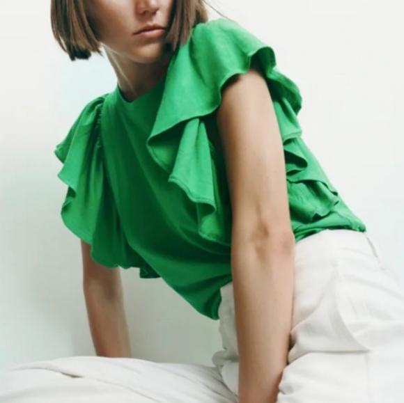 Zara Tops - ZARA ruffled sleeve green top size small